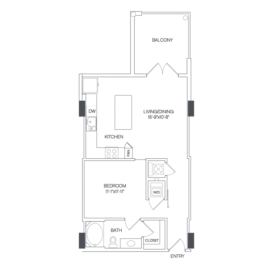 Rendering of the Dove floor plan with 1 bedroom[s] and 1 bathroom[s] at Griffis Uptown