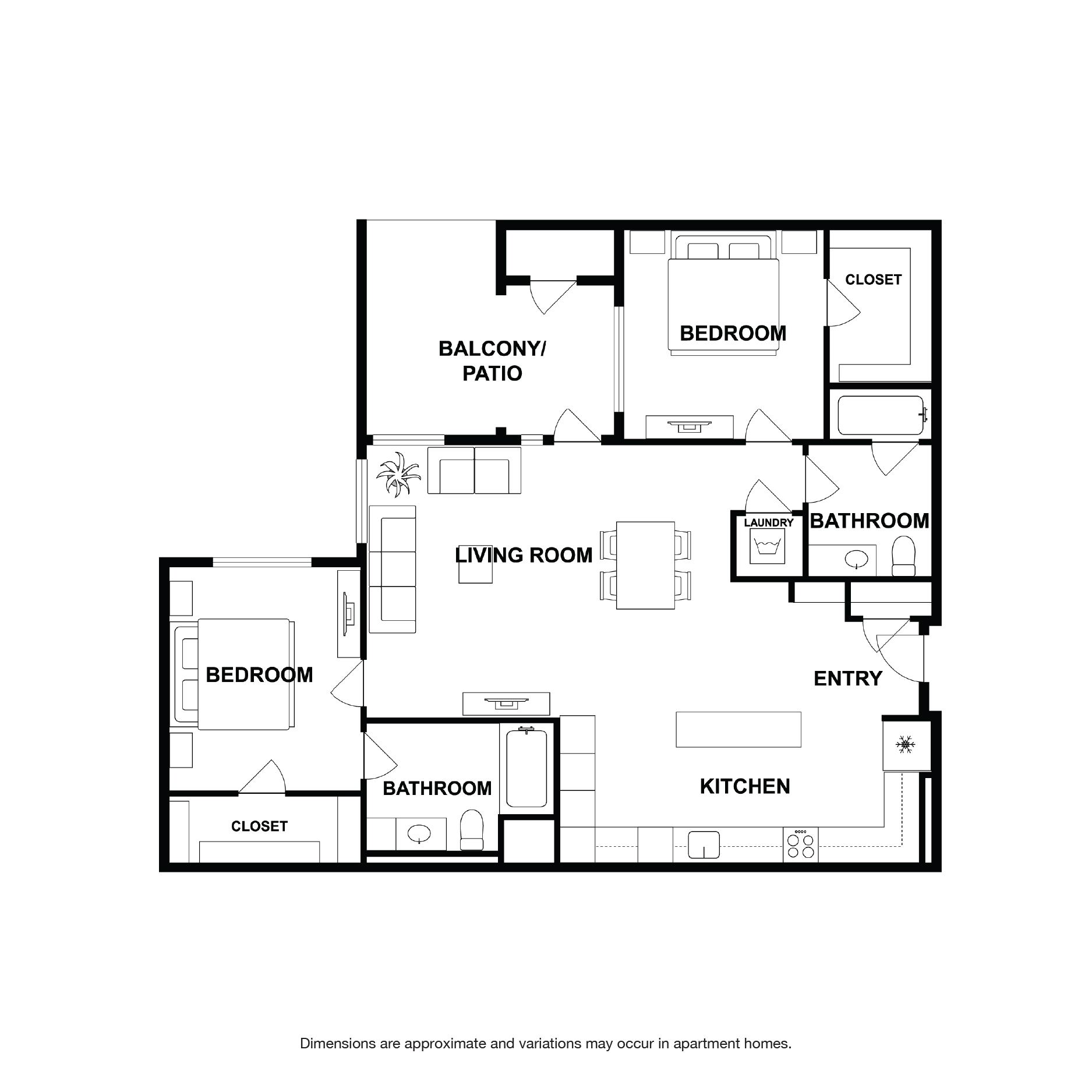 Rendering of the Ponderosa floor plan with 2 bedroom[s] and 2 bathroom[s] at Griffis Platinum Triangle