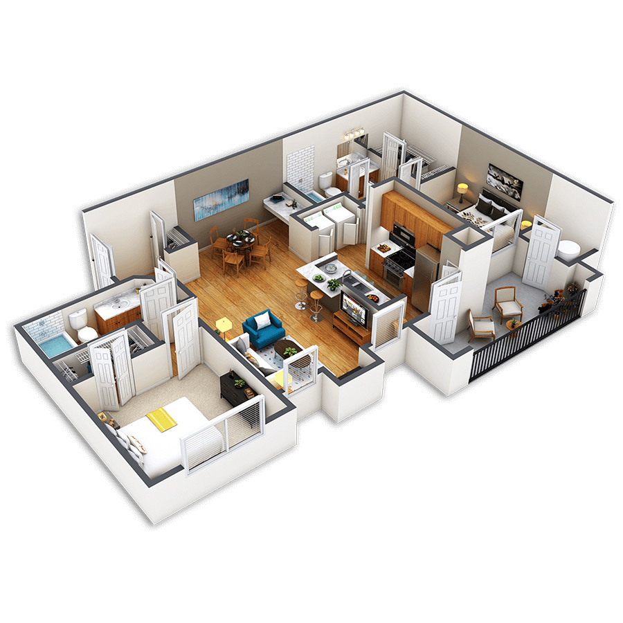 Rendering of the Lincoln floor plan with 2 bedroom[s] and 2 bathroom[s] at Griffis Fitzsimons South