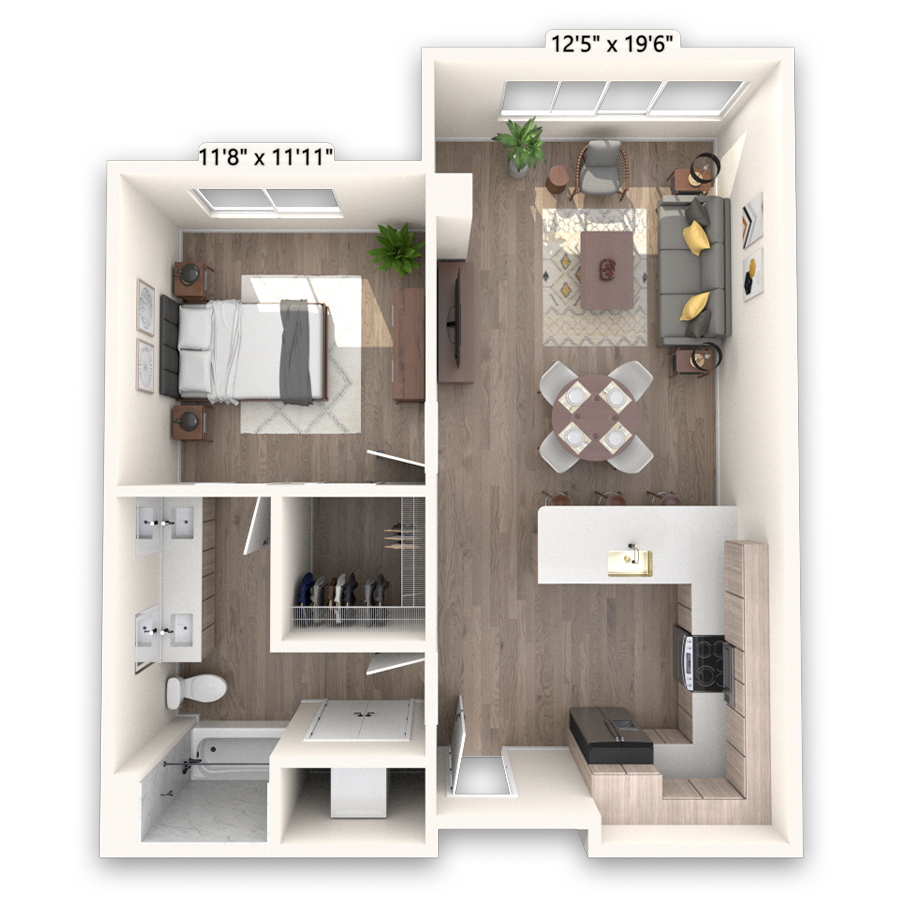 Rendering of the Conundrum floor plan with 1 bedroom[s] and 1 bathroom[s] at Griffis LoDo