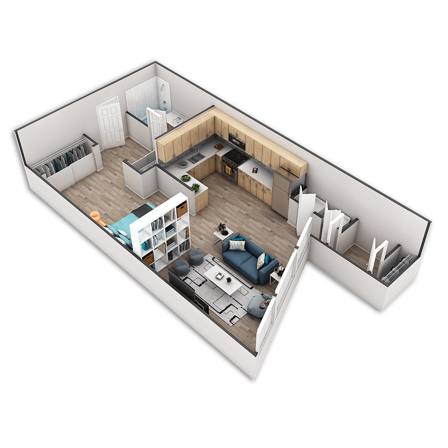 Rendering of the Aster Platinum floor plan with a Studio bedroom and 1 bathroom[s] at Griffis Belltown
