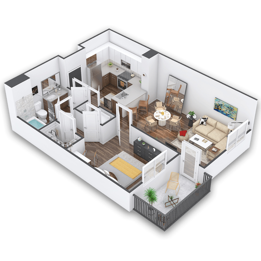 Rendering of the Hinault Platinum floor plan with 1 bedroom[s] and 1 bathroom[s] at Griffis Cherry Creek