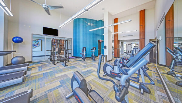 Luxury apartment fitness center with strength training equipment, cardio machines, and floor-to-ceiling windows