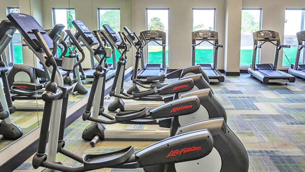 Luxury apartment fitness center with treadmills, ellipticals, and large windows for natural light