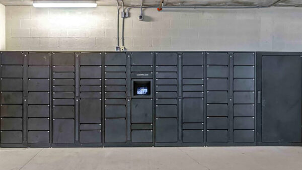 Luxury apartment community package lockers with secure resident delivery storage system