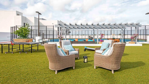 Luxury apartment rooftop lounge with outdoor seating, landscaped turf, and panoramic skyline views
