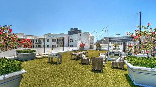 Luxury apartment rooftop lounge with outdoor seating, landscaped planters, and skyline views