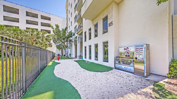 Luxury apartment community pet wash station and fenced dog run with turf play area