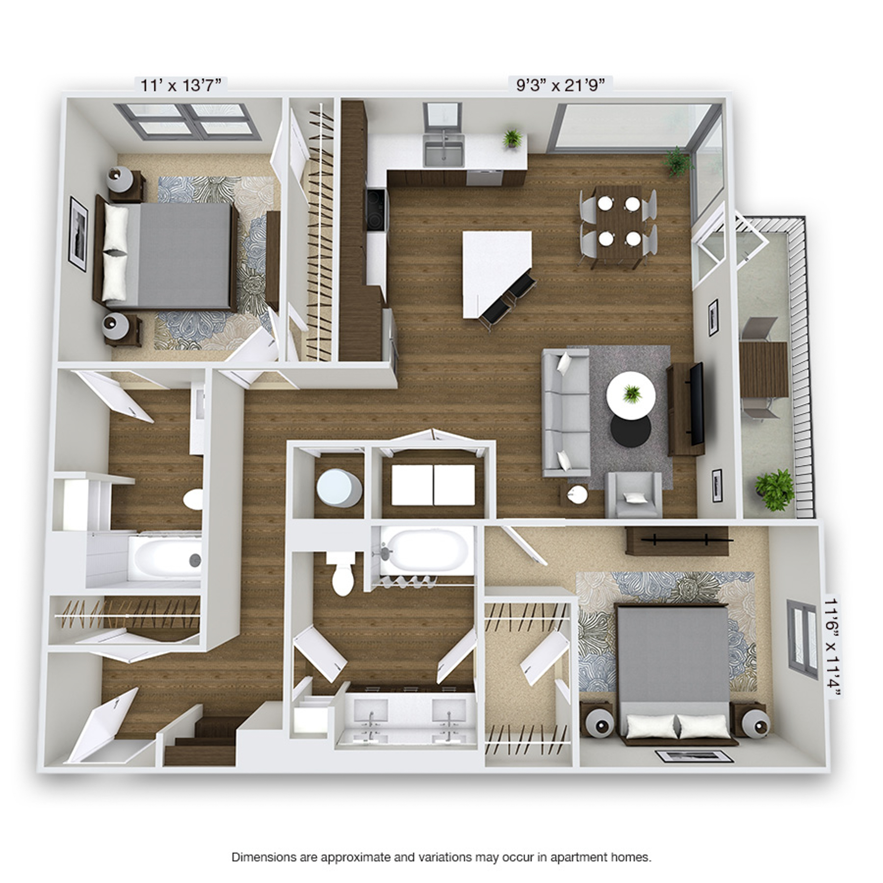Rendering of the Ogden floor plan with 2 bedroom[s] and 2 bathroom[s] at Griffis Cherry Creek North