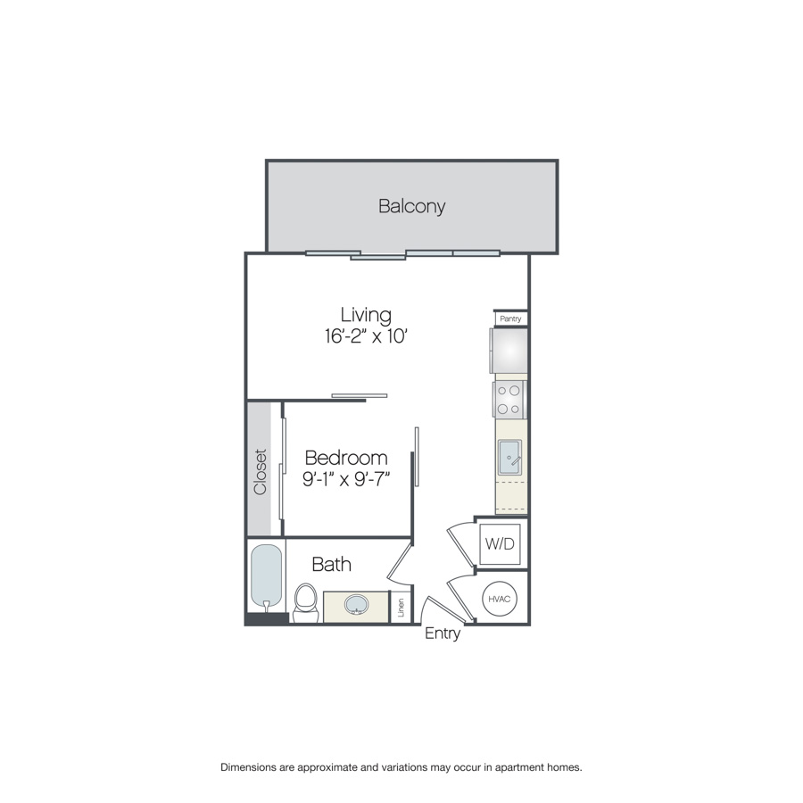 Rendering of the Delray floor plan with a Studio bedroom and 1 bathroom[s] at Griffis West Palm