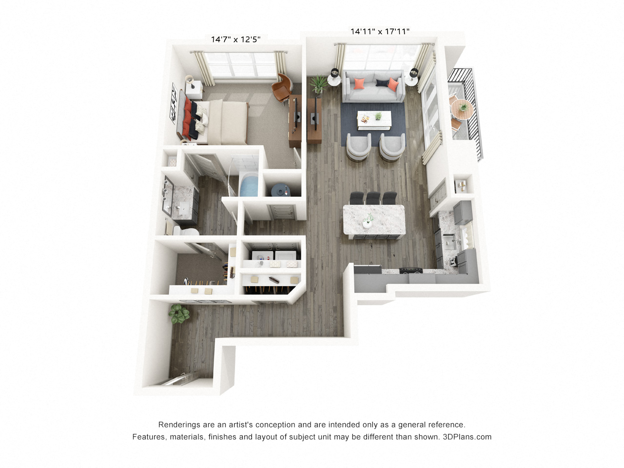 Rendering of the Maple floor plan with 1 bedroom[s] and 1 bathroom[s] at Griffis Frisco