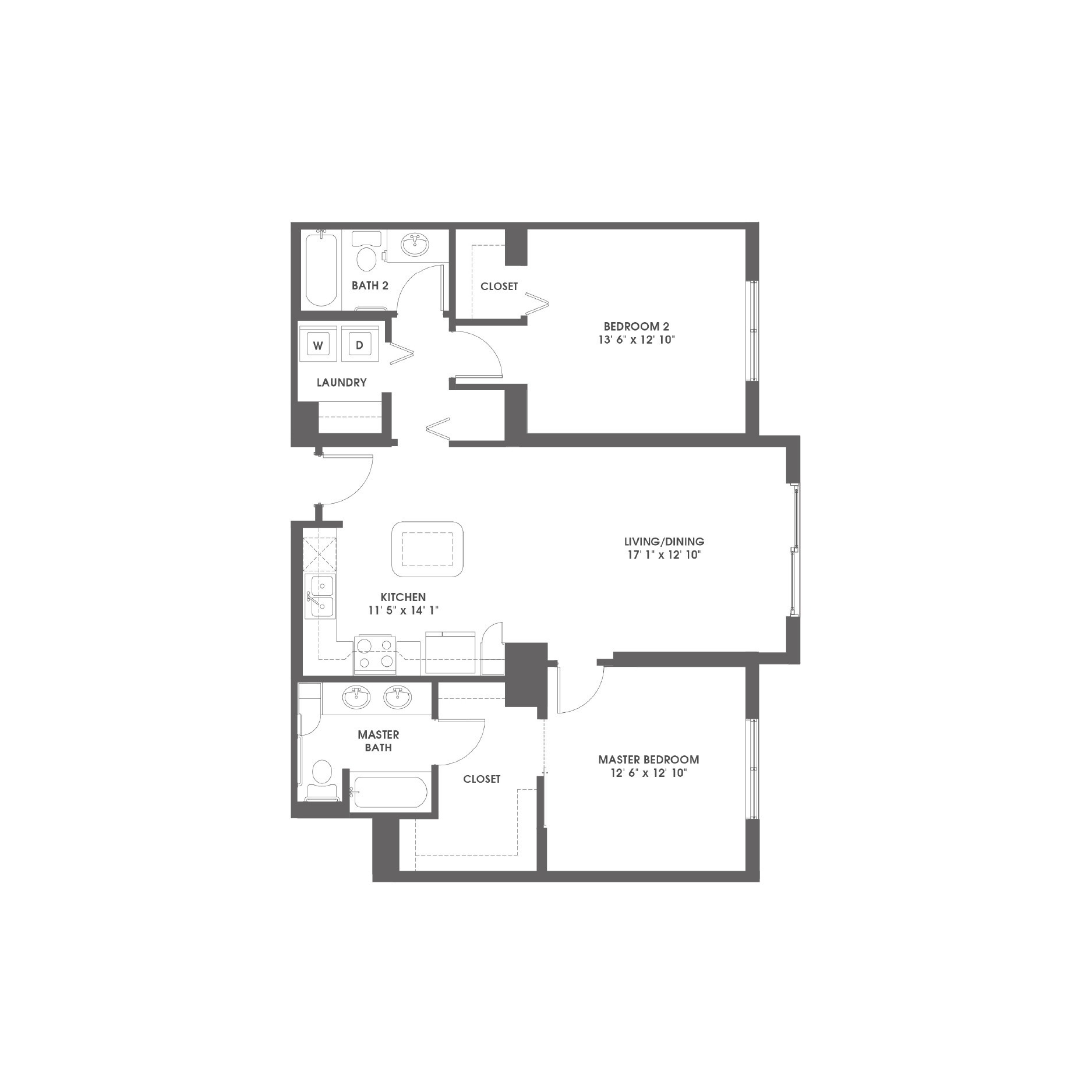 Rendering of the Lantana floor plan with 2 bedroom[s] and 2 bathroom[s] at Griffis Pompano Beach
