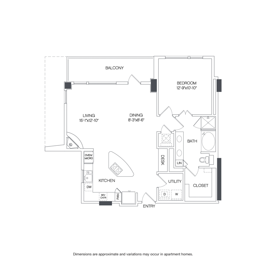 Rendering of the Horseshoe floor plan with 1 bedroom[s] and 1 bathroom[s] at Griffis Uptown