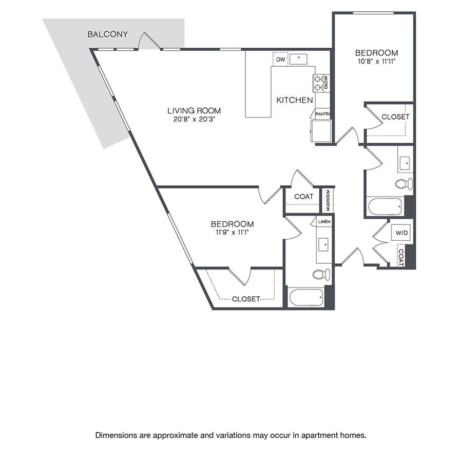 Rendering of the Winona floor plan with 2 bedroom[s] and 2 bathroom[s] at Griffis Shoreline