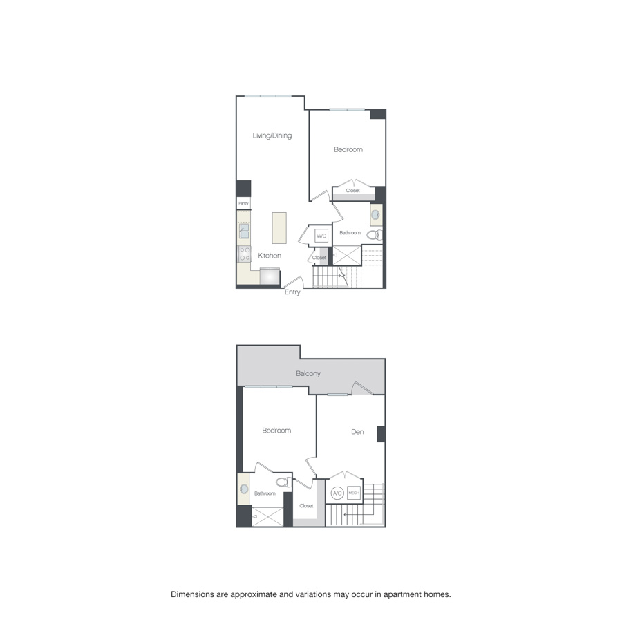 Rendering of the Walsh floor plan with 2 bedroom[s] and 2 bathroom[s] at Griffis Edgemoor