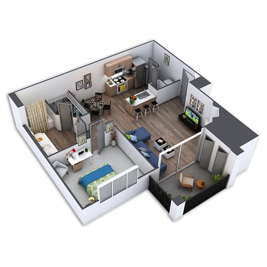 Rendering of the Ashmont Platinum floor plan with 1 bedroom[s] and 1 bathroom[s] at Griffis Belleview Station