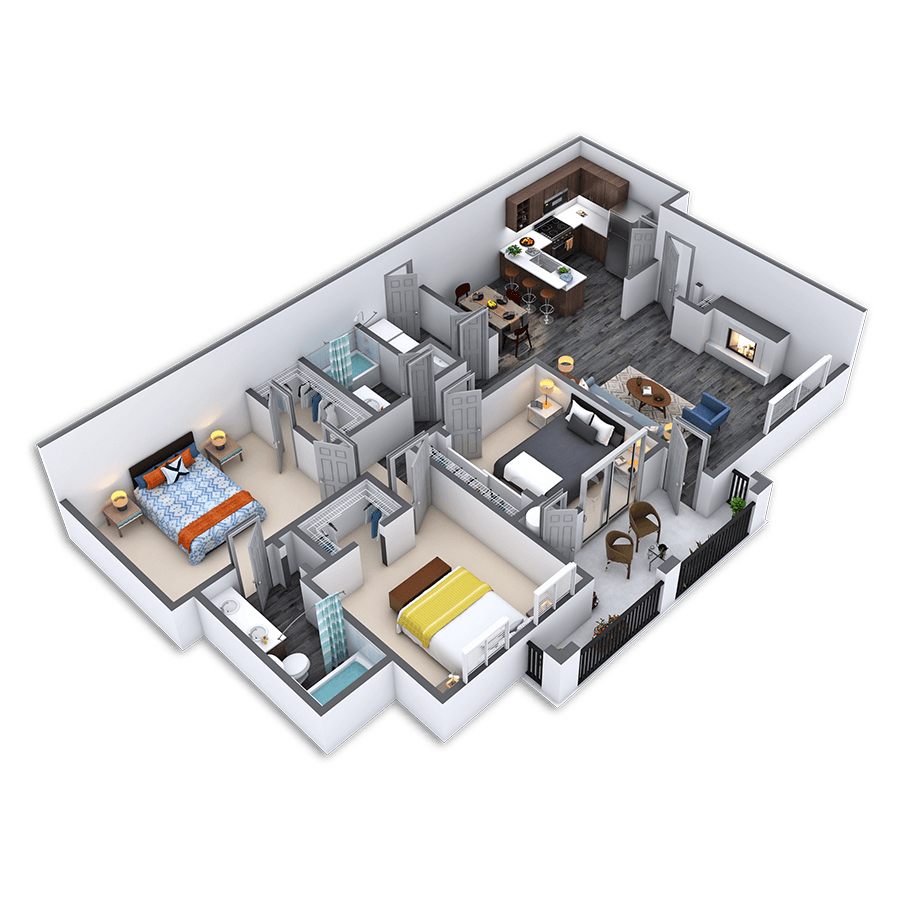 Rendering of the Excellence floor plan with 3 bedroom[s] and 2 bathroom[s] at Griffis Lakeline Station