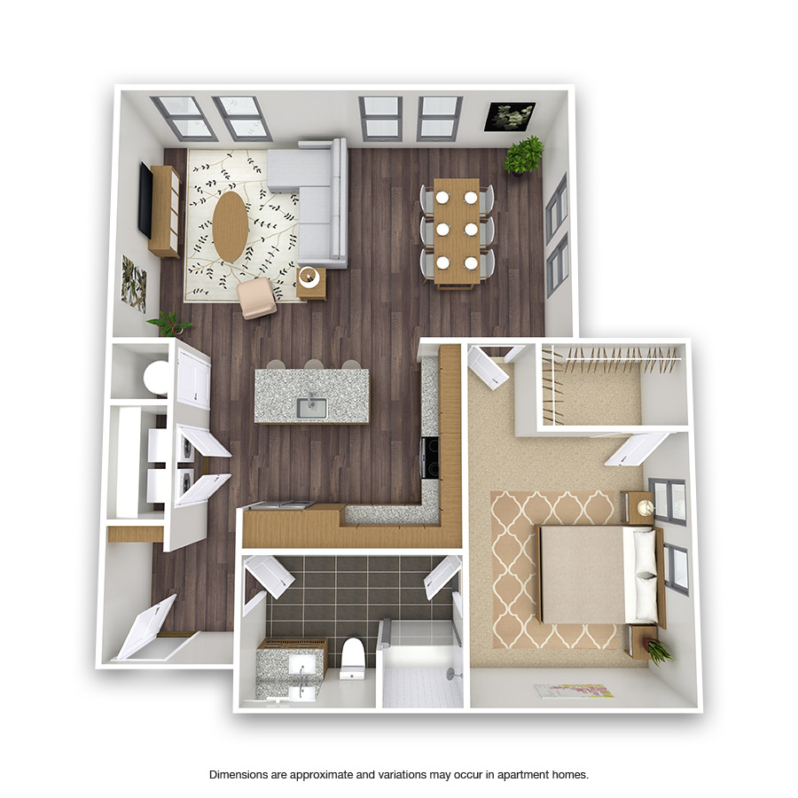 Rendering of the Routh floor plan with 1 bedroom[s] and 1 bathroom[s] at Griffis Oak Lawn