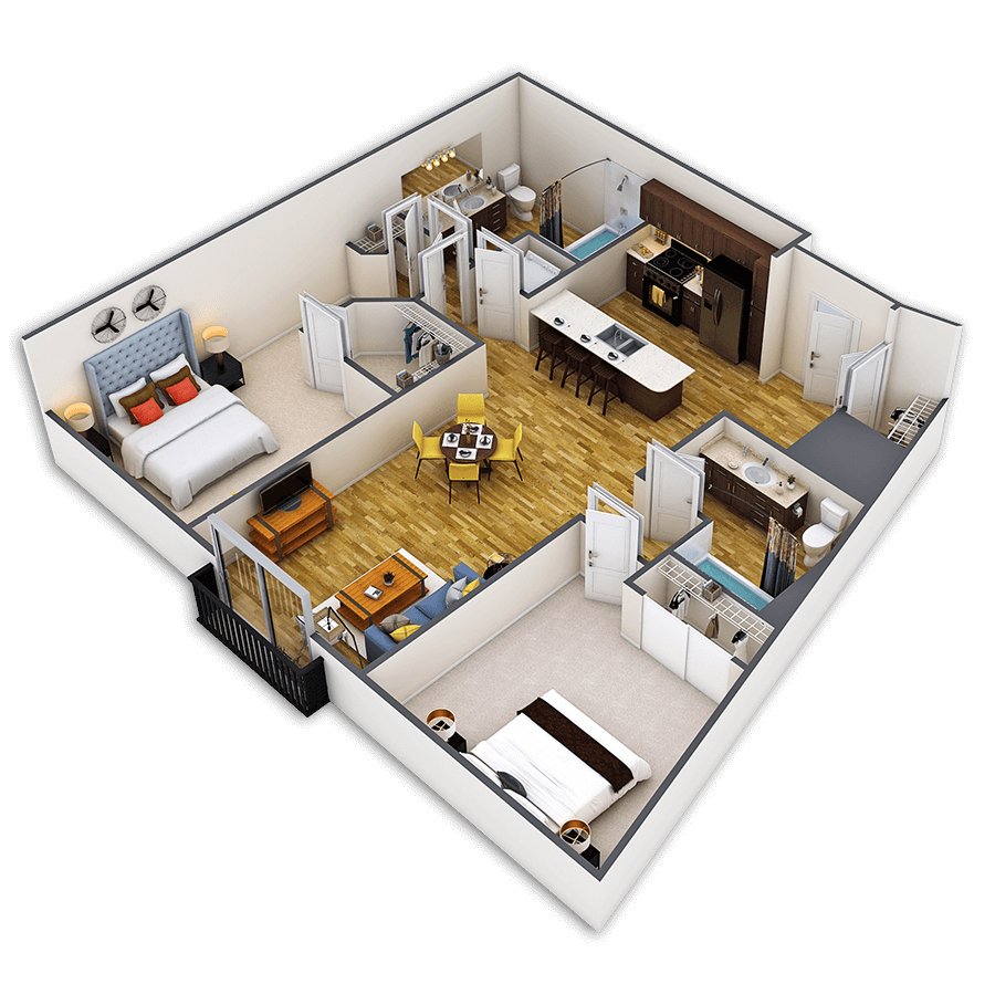 Rendering of the Little Raven floor plan with 2 bedroom[s] and 2 bathroom[s] at Griffis Union Station