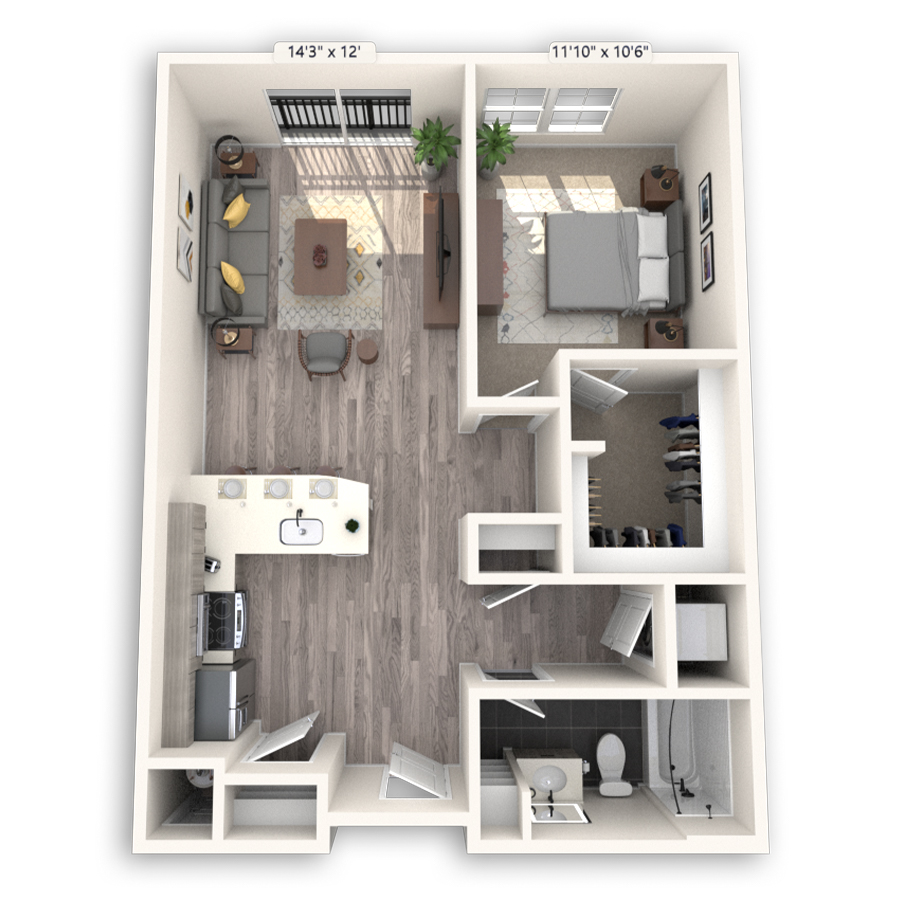 Rendering of the Cherry Creek Platinum floor plan with 1 bedroom[s] and 1 bathroom[s] at Griffis Cheesman Park