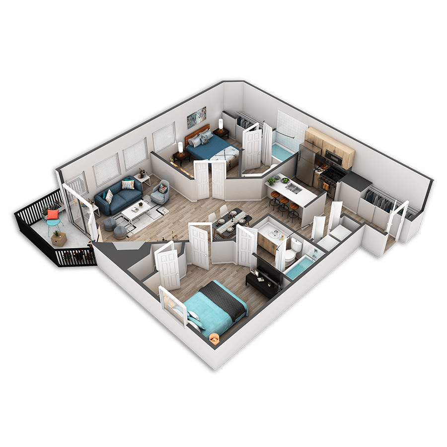 Rendering of the Elliott floor plan with 2 bedroom[s] and 2 bathroom[s] at Griffis Belltown