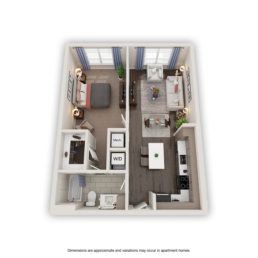 Rendering of the Gardenia floor plan with 1 bedroom[s] and 1 bathroom[s] at Griffis North Olive