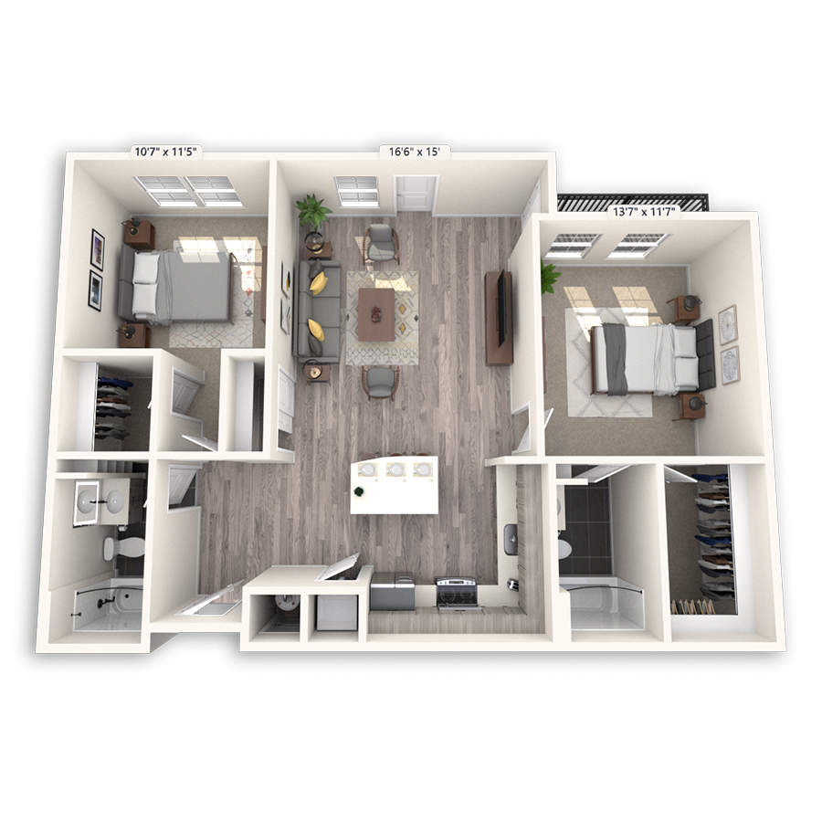 Rendering of the Berkeley floor plan with 2 bedroom[s] and 2 bathroom[s] at Griffis Cheesman Park