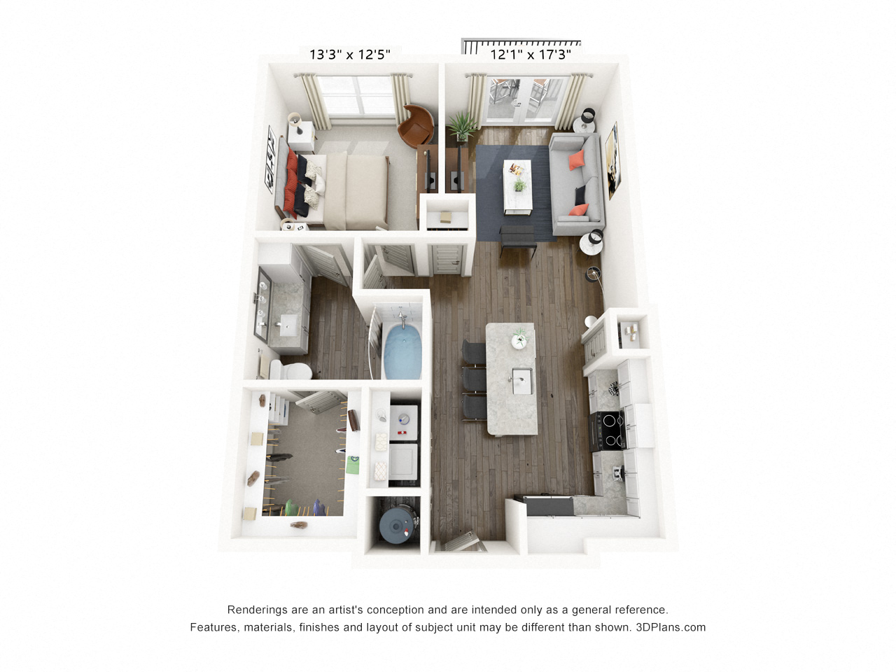 Rendering of the Hillcrest floor plan with 1 bedroom[s] and 1 bathroom[s] at Griffis Frisco
