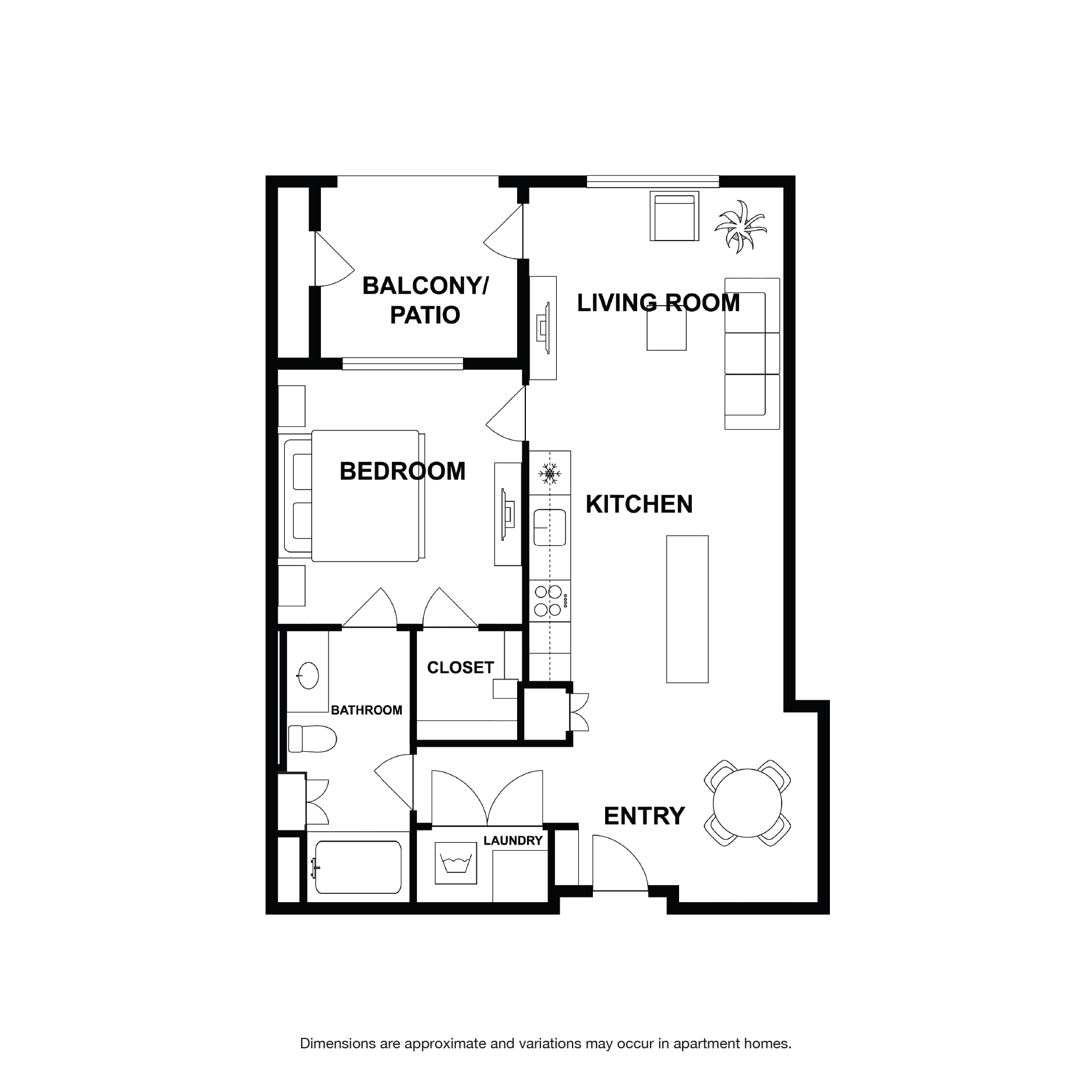 Rendering of the Eucalyptus floor plan with 1 bedroom[s] and 1 bathroom[s] at Griffis Platinum Triangle