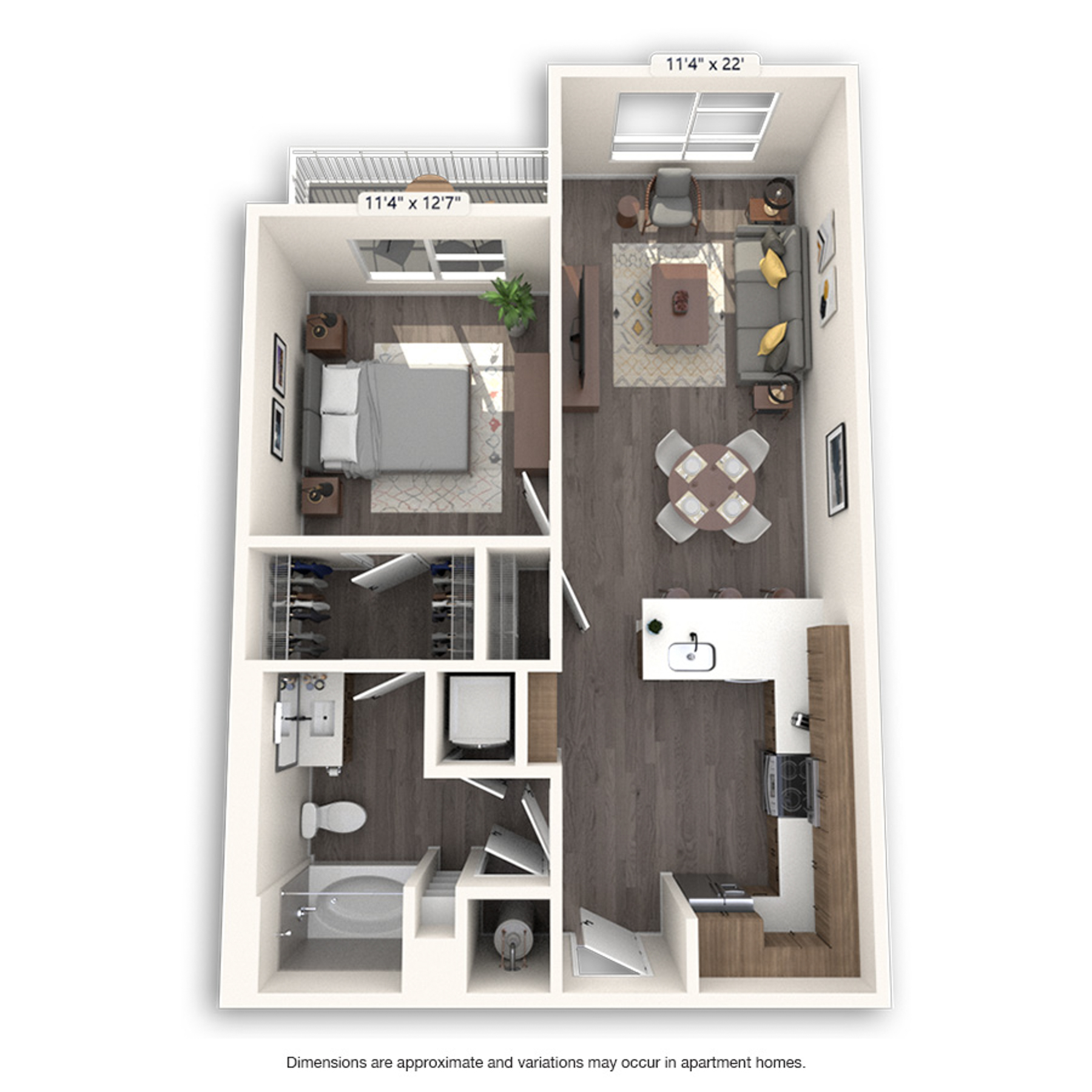 Rendering of the Detroit Platinum floor plan with 1 bedroom[s] and 1 bathroom[s] at Griffis Cherry Creek North