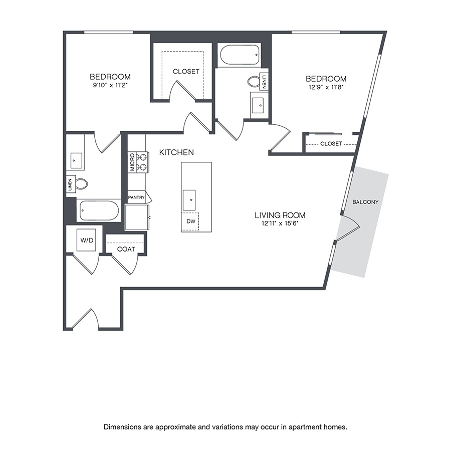 Rendering of the Pontius floor plan with 2 bedroom[s] and 2 bathroom[s] at Griffis Shoreline