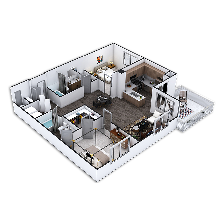 Rendering of the Redondo floor plan with 2 bedroom[s] and 2 bathroom[s] at Griffis Pine Avenue
