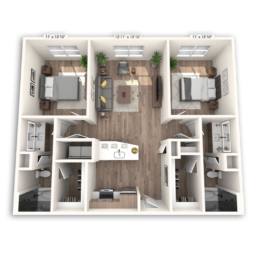 Rendering of the Vienna floor plan with 2 bedroom[s] and 2 bathroom[s] at Griffis at The Domain