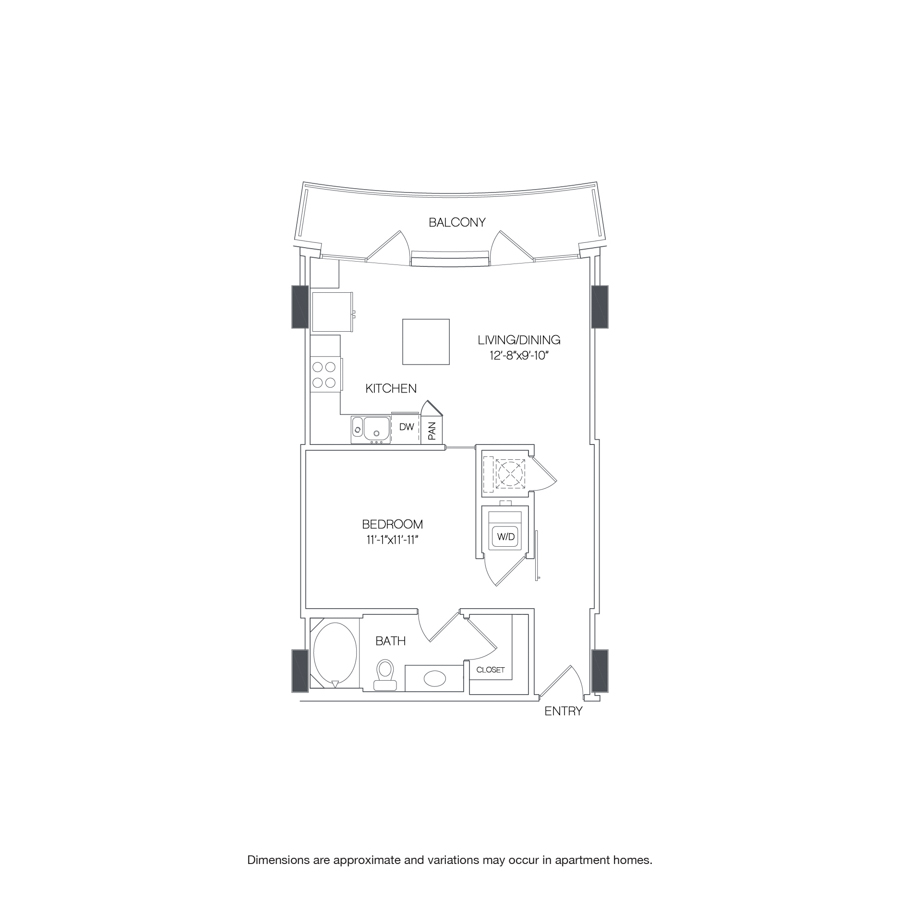 Rendering of the Cedar floor plan with 1 bedroom[s] and 1 bathroom[s] at Griffis Uptown