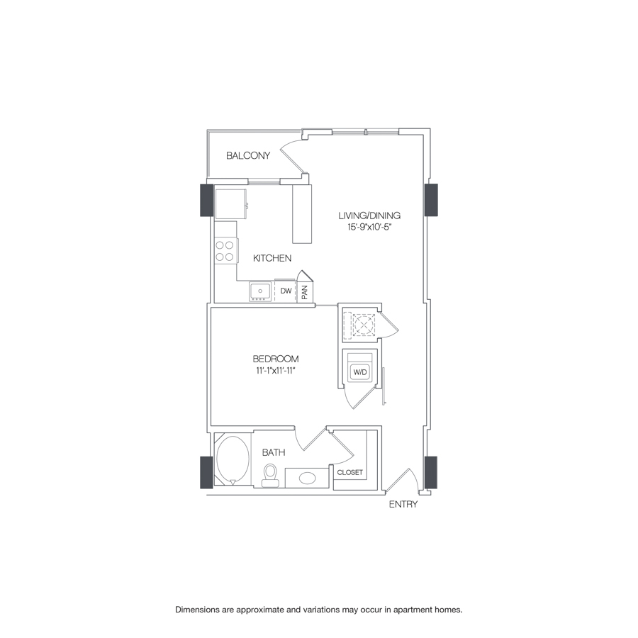 Rendering of the Cottonwood floor plan with 1 bedroom[s] and 1 bathroom[s] at Griffis Uptown
