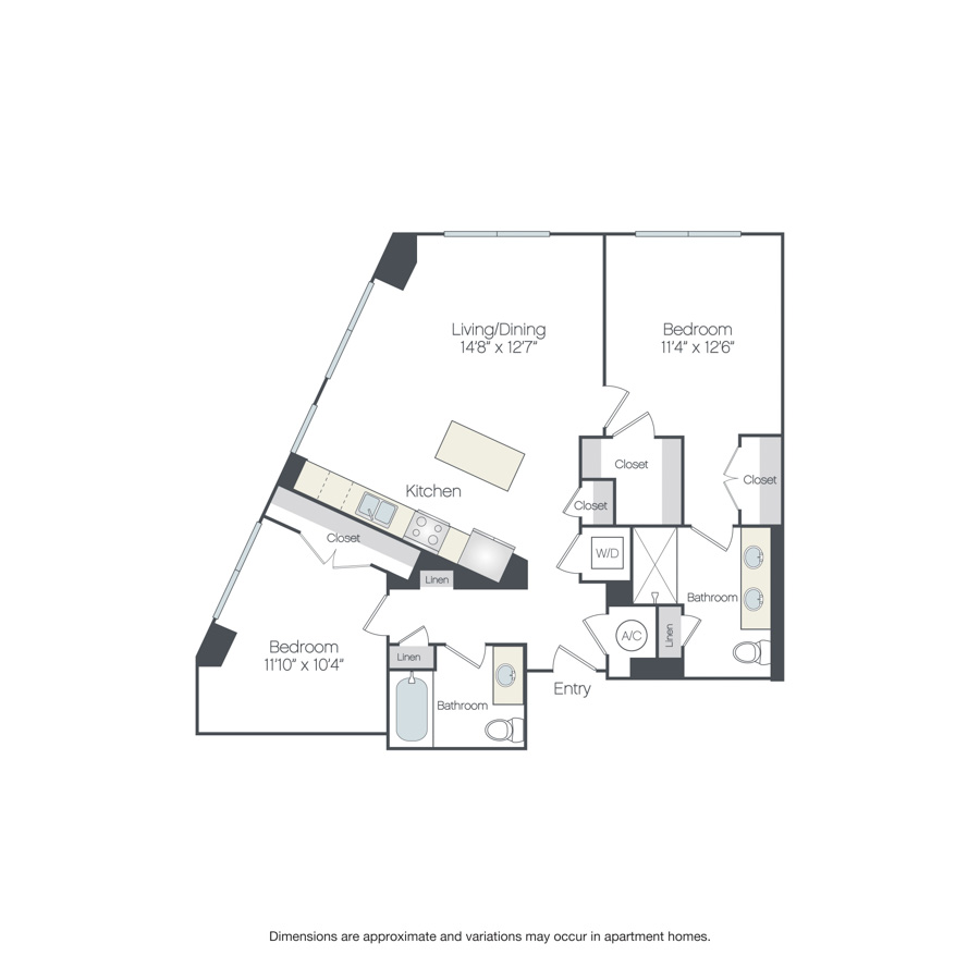 Rendering of the Harling floor plan with 2 bedroom[s] and 2 bathroom[s] at Griffis Edgemoor