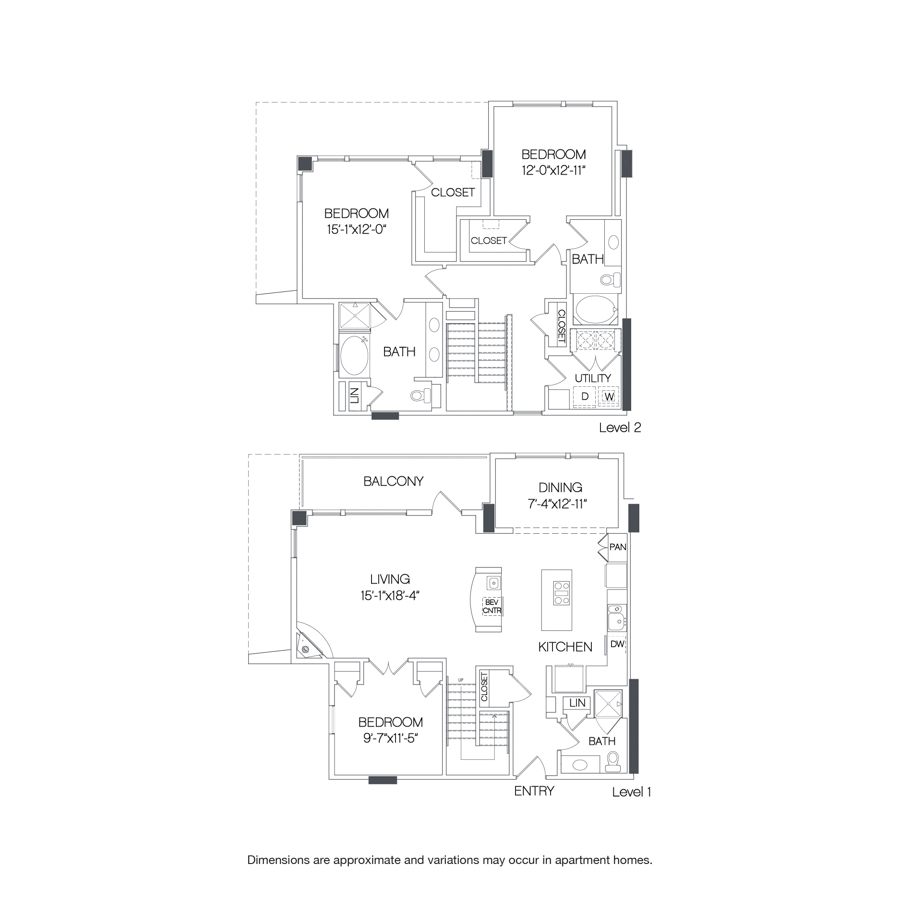 Rendering of the Walker floor plan with 3 bedroom[s] and 3 bathroom[s] at Griffis Uptown