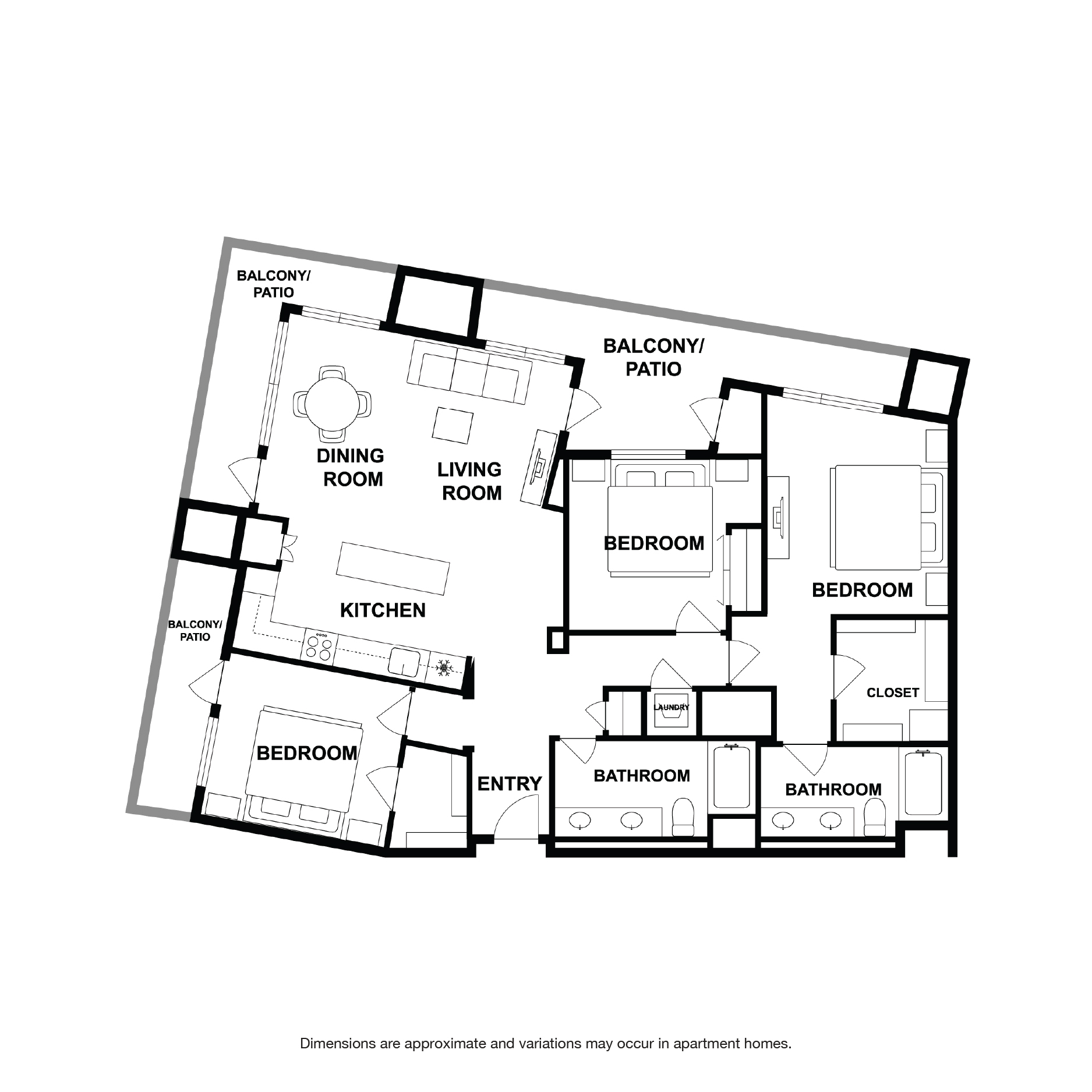 Rendering of the Walnut Grove floor plan with 3 bedroom[s] and 2 bathroom[s] at Griffis Platinum Triangle