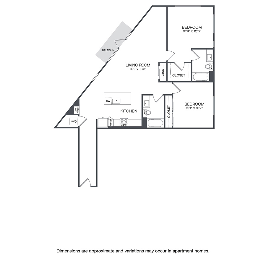 Rendering of the Woodland floor plan with 2 bedroom[s] and 2 bathroom[s] at Griffis Shoreline