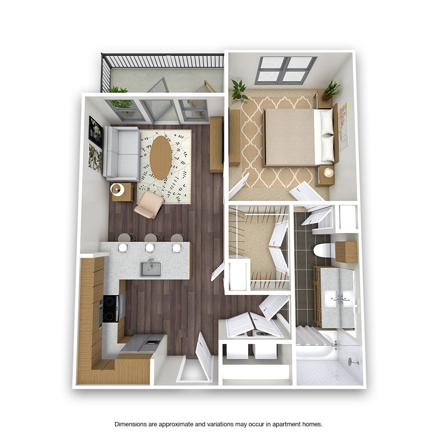 Rendering of the Enid floor plan with 1 bedroom[s] and 1 bathroom[s] at Griffis Oak Lawn