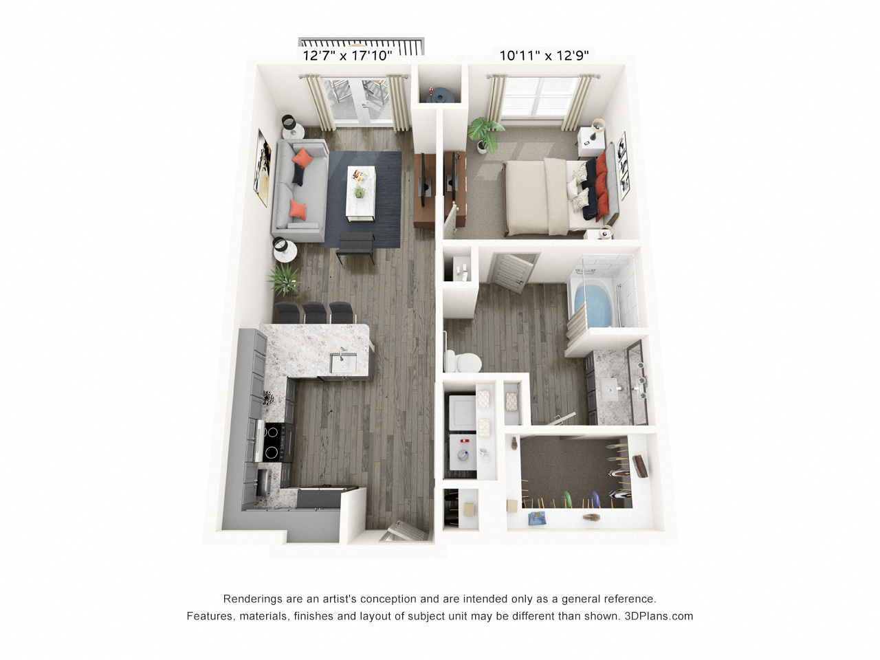 Rendering of the Frisco Square floor plan with 1 bedroom[s] and 1 bathroom[s] at Griffis Frisco