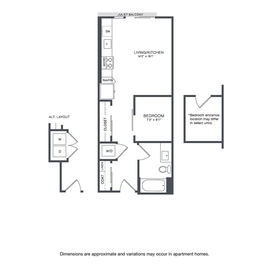 Rendering of the Densmore floor plan with 1 bedroom[s] and 1 bathroom[s] at Griffis Shoreline