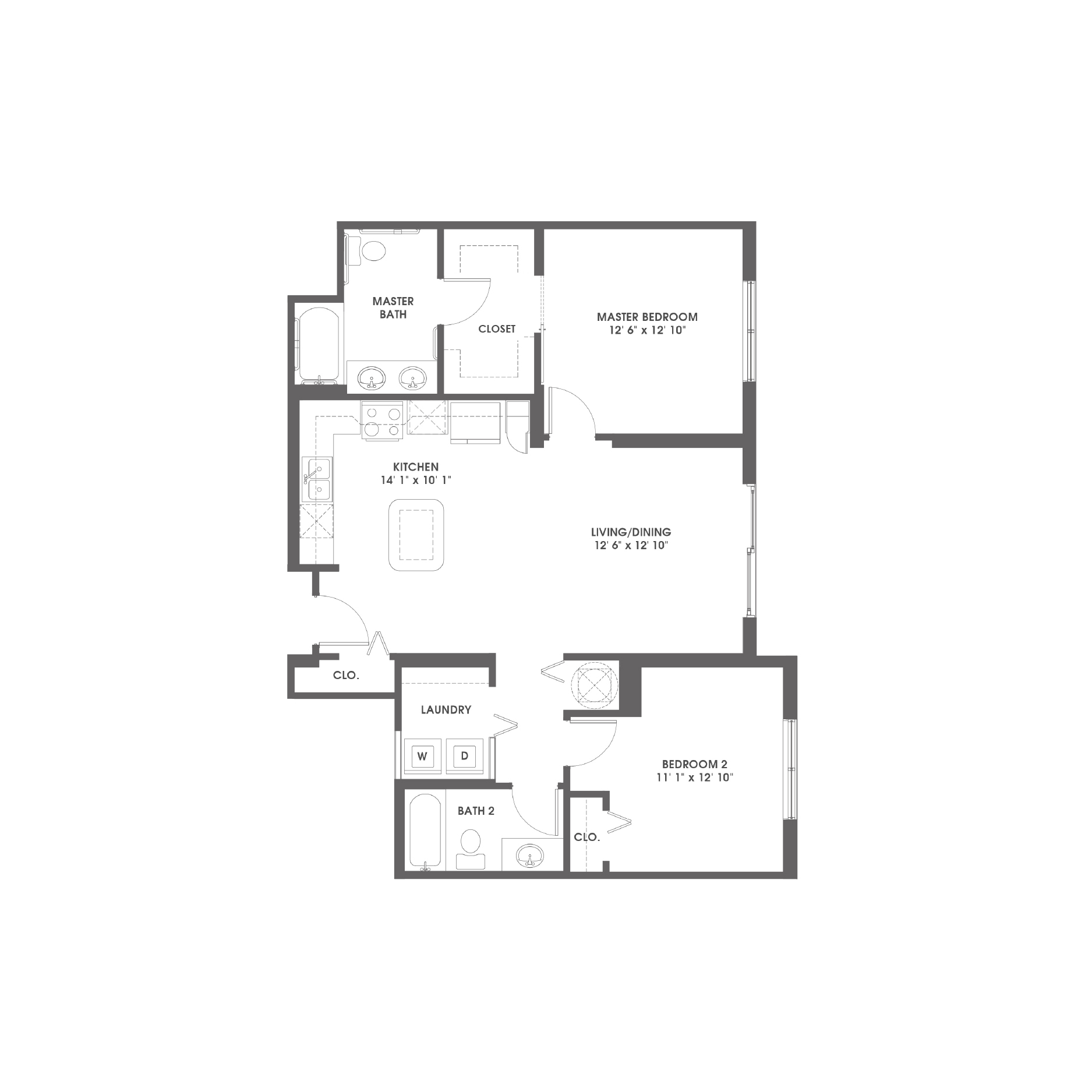 Rendering of the Hollywood floor plan with 2 bedroom[s] and 2 bathroom[s] at Griffis Pompano Beach