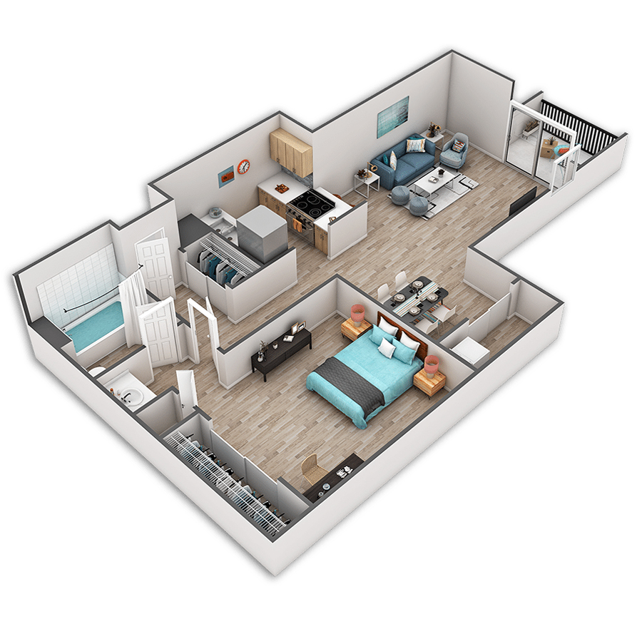 Rendering of the Roosevelt Platinum floor plan with 1 bedroom[s] and 1 bathroom[s] at Griffis Belltown