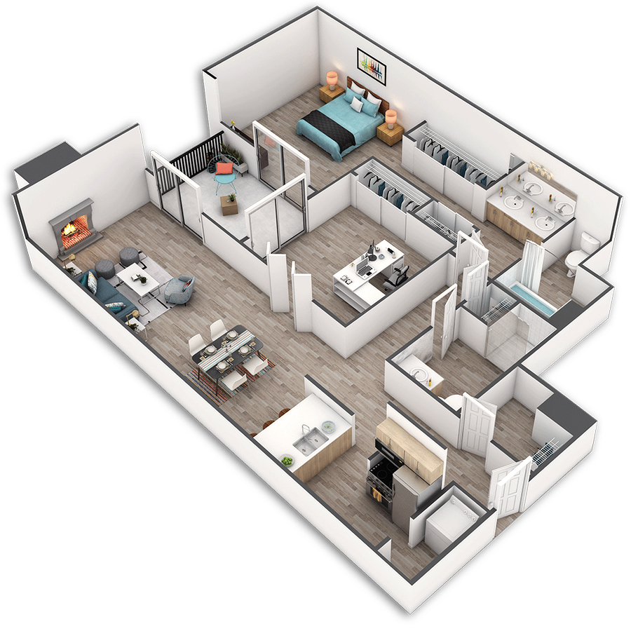 Rendering of the Pacific Platinum floor plan with 2 bedroom[s] and 2 bathroom[s] at Griffis Belltown