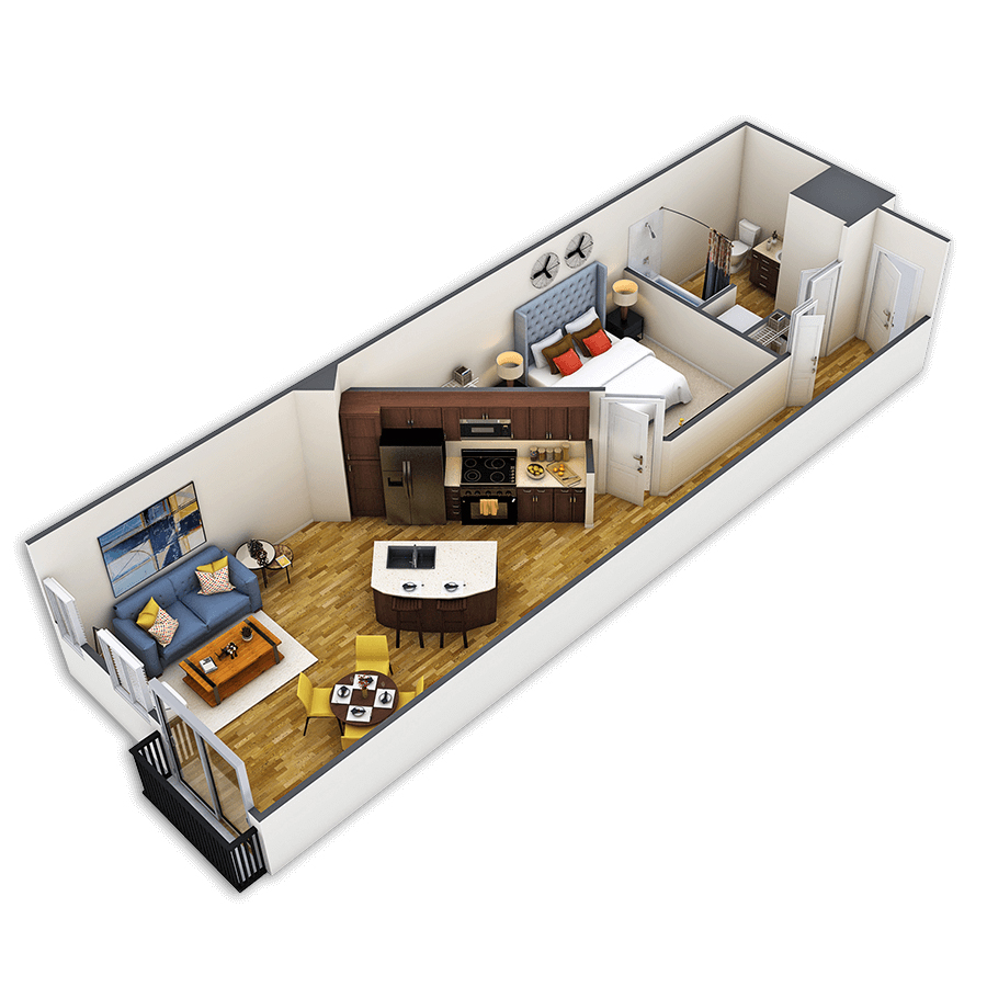 Rendering of the Larimer Platinum floor plan with 1 bedroom[s] and 1 bathroom[s] at Griffis Union Station