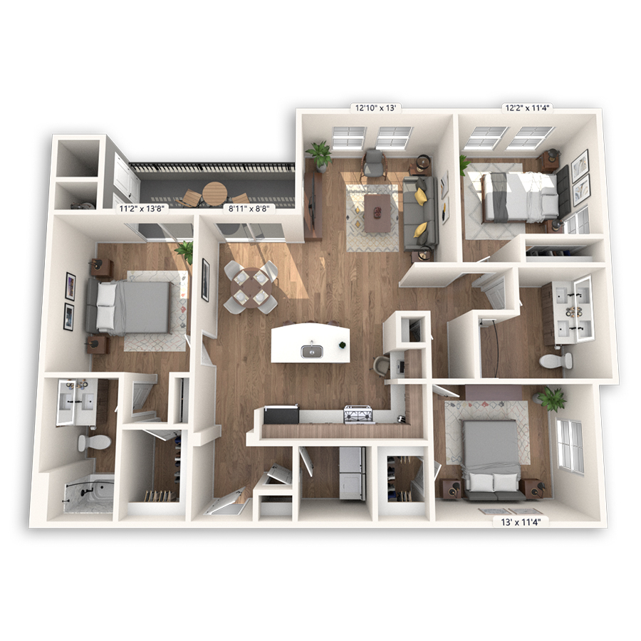 Rendering of the Coronado floor plan with 3 bedroom[s] and 2 bathroom[s] at Griffis Mission Valley
