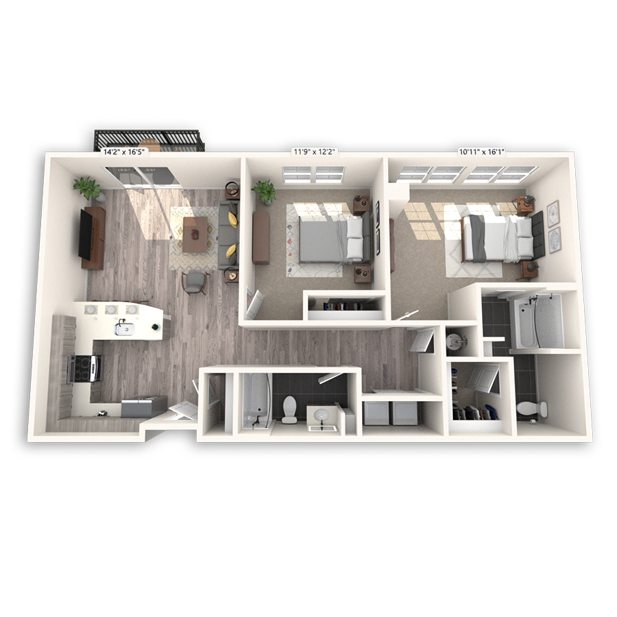 Rendering of the Confluence floor plan with 2 bedroom[s] and 2 bathroom[s] at Griffis Cheesman Park