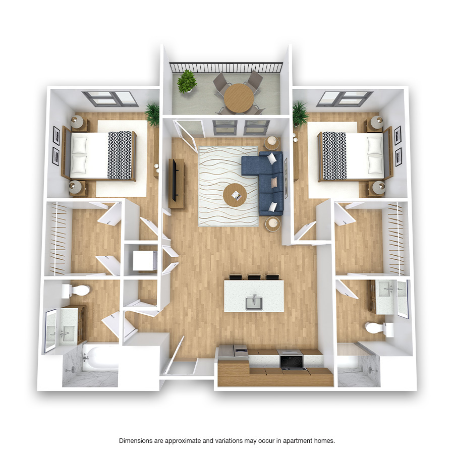 Rendering of the Red Rocks Platinum floor plan with 2 bedroom[s] and 2 bathroom[s] at Griffis at Fiddler's Green