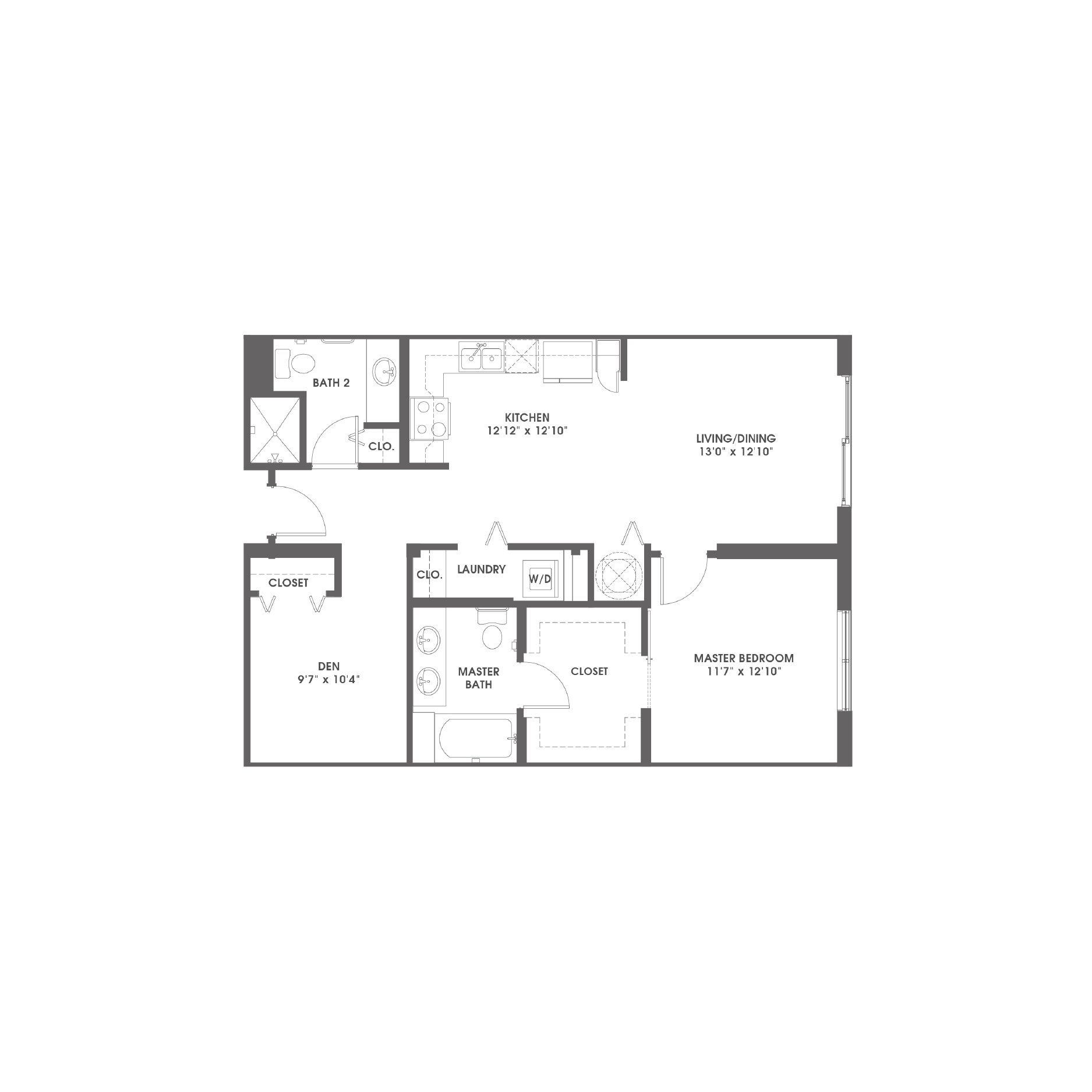 Rendering of the Deerfield floor plan with 1 bedroom[s] and 2 bathroom[s] at Griffis Pompano Beach